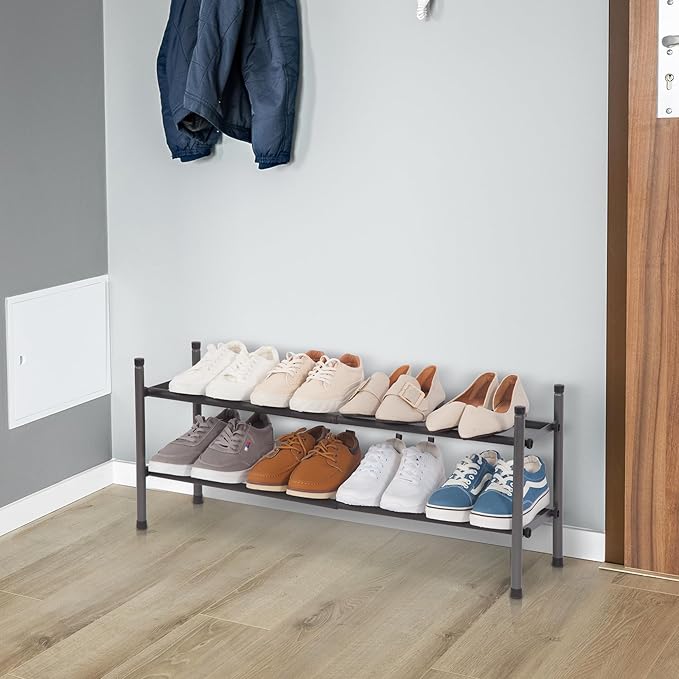 STORAGE MANIAC Expandable Shoe Rack, 8 Pairs Stackable Small Shoe Rack, Metal Adjustable Shoes Organizer for Closet, Entryway, Hallway, Garage, Front Door, Shoes Shelves, Black 2 Tier-NeatNest