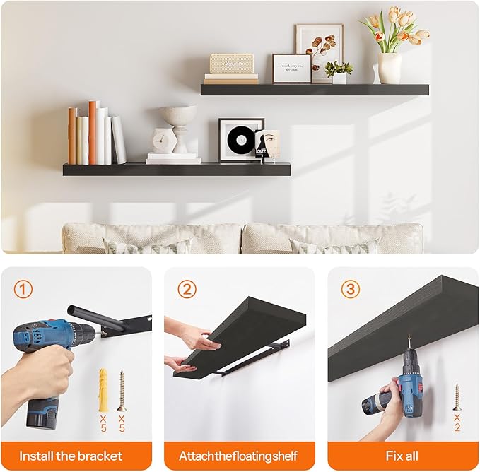 HOOBRO Floating Shelves for Wall, Wall Mounted Shelf Set of 2, 39.4" Hanging Shelf with Invisible Brackets, for Wall in Bathroom, Bedroom, Toilet, Kitchen, Livingroom, Office, Black BK100BJP201-NeatNest