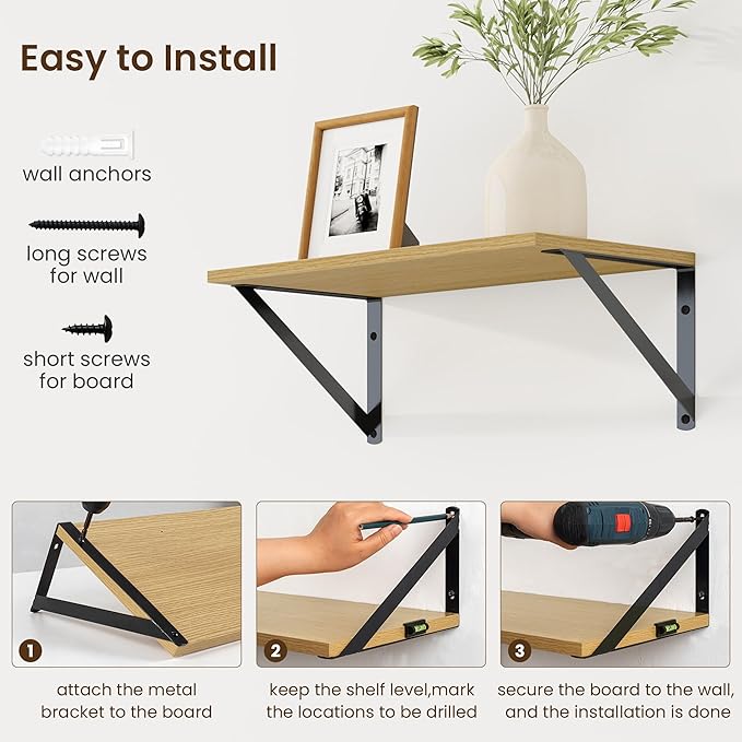 Fun Memories Deep Floating Shelves for Wall, 16W x 8D Wall Mounted Shelves Set of 2, Wide Display Ledge Shelf with Sturdy Metal Brackets for Living Room, Bathroom, Bedroom and Kitchen, Oak-NeatNest