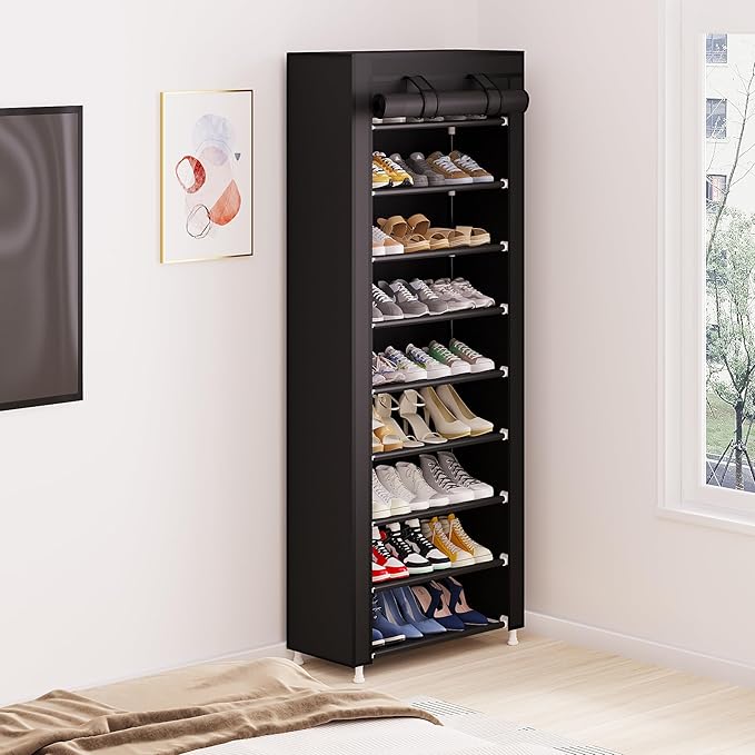 Calmootey 9 Tier Shoe Rack Organizer,Portable Shoe Shelf with Nonwoven Fabric Cover for Closet Hallway,Bedroom,Entryway,Black-NeatNest