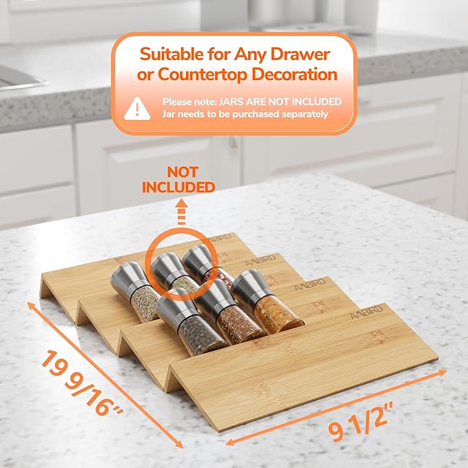 AMBIRD Bamboo Spice Drawer Organizer with Non-slip Mat,4 Tier Jar Spice Rack Tray 9.5'',Seasoning Organizer for Kitchen,Cabinet,Drawers,Countertop-NeatNest