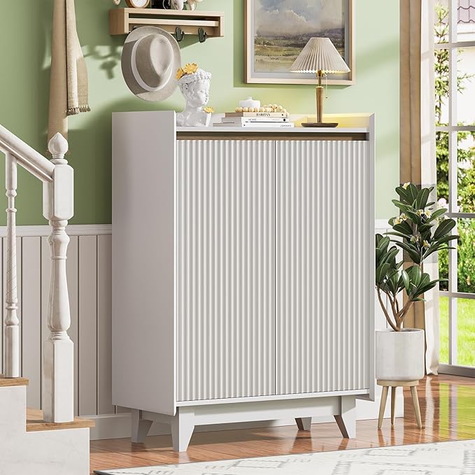 White Fluted Shoe Cabinet, 5-Tier Shoe Storage Cabinet with Adjustable Shelves, 43.7”H Tall Shoe Cabinet Storage for Entryway Hallway Living Room, Shoe Rack Organizer White & Walnut Wave Fluted Design-NeatNest