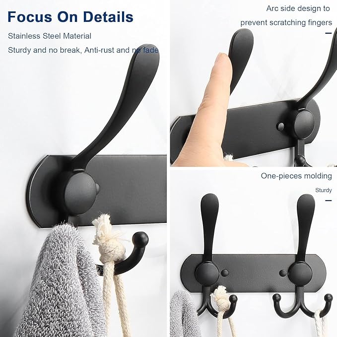 NearMoon Coat Rack Wall Mounted-2 Pack, Heavy Duty Bath Towel Hooks Stainless Steel Robe Hooks Holder, Metal Coat Hook for Towel Coat Hat Key Bathroom Bedroom Hotel Entryway (2 Hooks, Matte Black)