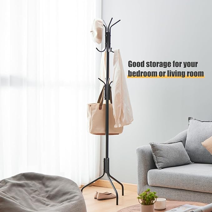 Coat Rack Freestanding,hat and coat rack stand for entryway,Living Room,Bedroom,Metal coat tree with12 Hooks and 3 Legs (Black)-NeatNest