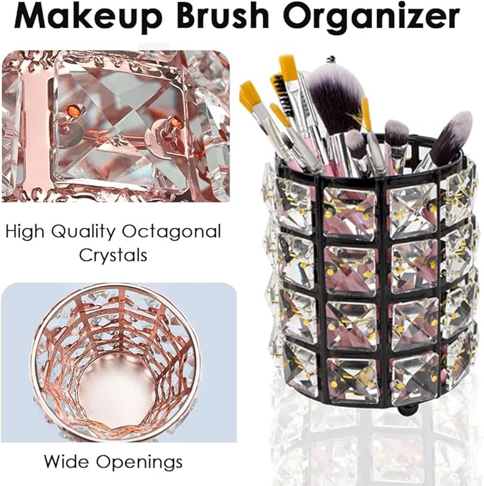 AKOAK 1 Pack Crystal Makeup Brush Holder Office Supplies Storage Rack Eyebrow Pencil/Lipstick/Pencil Makeup Container, Dressing Table, Bedroom, Office (Black)-NeatNest