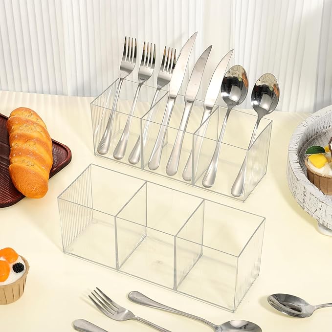 2 Pack Cutlery Storage Organizer, Silverware Caddy with 3 Cavities Clear Silverware Holder Knife Fork and Spoon Organizer Tableware Box for Kitchen Countertop Dining Room Home Office Desk Party Table