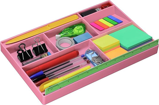 Acrimet Desk Drawer Organizer Tray with 8 Compartments – Multi-Purpose Bin for Office Supplies, Makeup, and Accessories – Fits inside Drawers or Desktops, 12.75" x 8" x 1.06" (Plastic) (Pink Color)-NeatNest