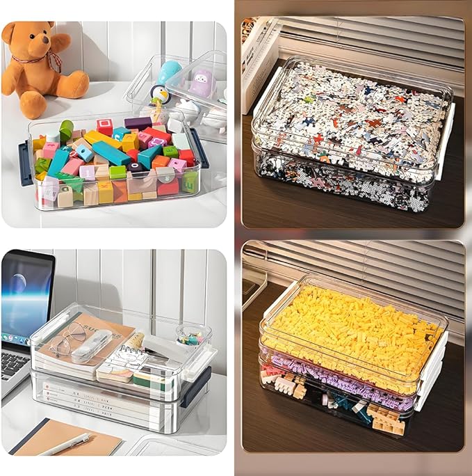 2 Pcs 5.5qt 9 x 13 Plastic Portable Project Case With Snap-Tight Latch, Clear Stackable Storage Boxes Organizer for A4 Files, Photos, Scrapbooks, Art Supplies (‎Blue Latch, Large)