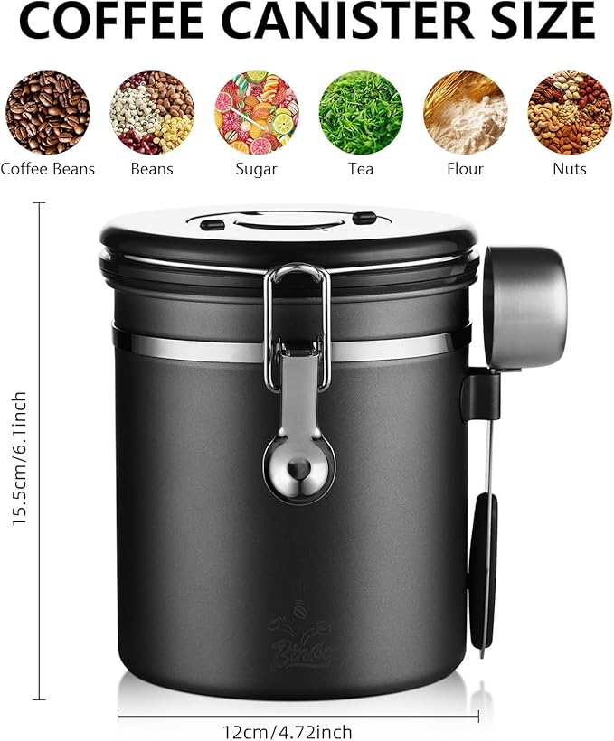 Airtight Coffee Container with CO2 Valve, Holds up to 1.5lb of Beans Stainless Steel Coffee Canister - One-Way Valve Keeps Beans Fresh, Lid, Date Tracker & Scoop, for Coffee Beans Grounds, Tea.