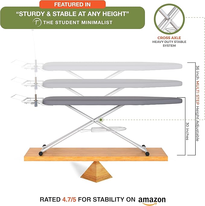 Xabitat Full Size Ironing Board 57" X 18" with Wall Mount Hanger, Full Metal Construction Iron Board, Built in Iron Caddy, Heat & Scorch Resistant Fabric, Cord Holder, Anti-Skid Feet, Heavy Duty