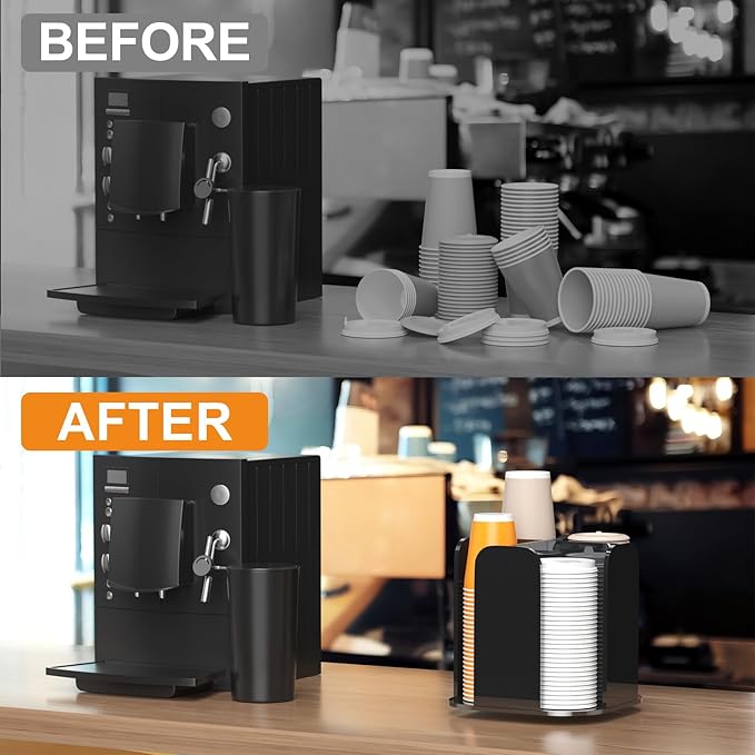 Beego Coffee Cup Holder Organizer - Rotatable 4 Compartments Black Acrylic Cup Dispenser Station With Lid Carousel - Countertop Plastic Cup Holder for Restaurant Breakroom Bar Accessories-NeatNest