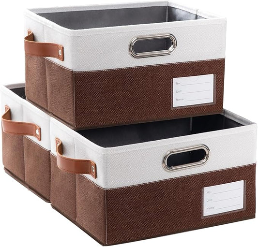 PRANDOM Foldable Storage Bins with Handles [3-Pack] Fabric Collapsible Storage Boxes Baskets Cubes Containers with Handles for Closet Living Room Bedroom (Brown & White 11.5x8.5x6.7'')-NeatNest