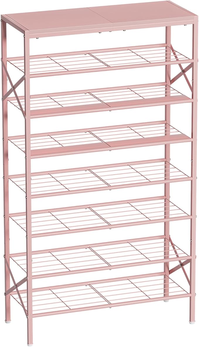 8-Tier Tall Shoe Rack Organizer Shoe Storage for Entryway 24-32 Pairs Metal Shoe Rack for Closet Heavy-Duty Shoe Rack with Wooden Top Shelf for Garage Pink-NeatNest