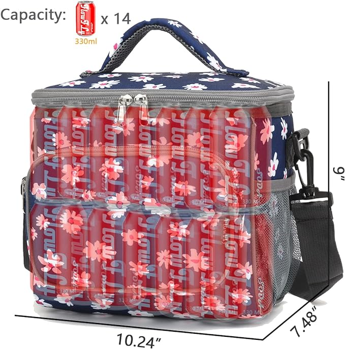 FlowFly Insulated Reusable Lunch Bag Adult Large Lunch Box for Women and Men with Adjustable Shoulder Strap,Front Zipper Pocket and Dual Large Mesh Side Pockets,Daisy-NeatNest