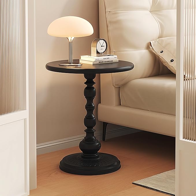 Metal Small End Table,Vintage Matte Black Round Side Table Nightstand for Bedside or Sofa,Small Accent Pedestal Table for Living Room Corners Bedroom Patio and bar (Matte Black)