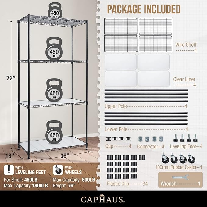 CAPHAUS NSF Heavy Duty Wire Shelving w/Wheels, Leveling Feet & Liners, Storage Metal Shelf, Garage Shelving Storage, Utility Wire Rack Storage Shelves, W/White Clear Liner, 36 x 18 x 76 4-Tier-NeatNest