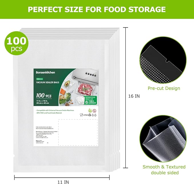 Bonsenkitchen Precut Vacuum Sealer Bags, 100 Gallon 11" x 16" Food Sealer Bags, Food Grade, BPA Free, Heavy Duty, Customized Vacuum Bags for Vac Storage, Meal Prep or Sous Vide Cooking, VB3214-NeatNest