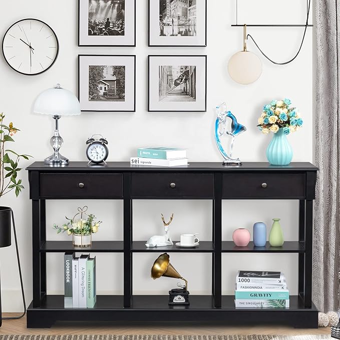 Karl home Console Table with 3 Drawers, 58" W Entryway Desk Sofa Side Table with 6 Bottom Cube Storage Shelves, Vintage TV Stand for Hallway Living Room Office, Black 32.5" H-NeatNest