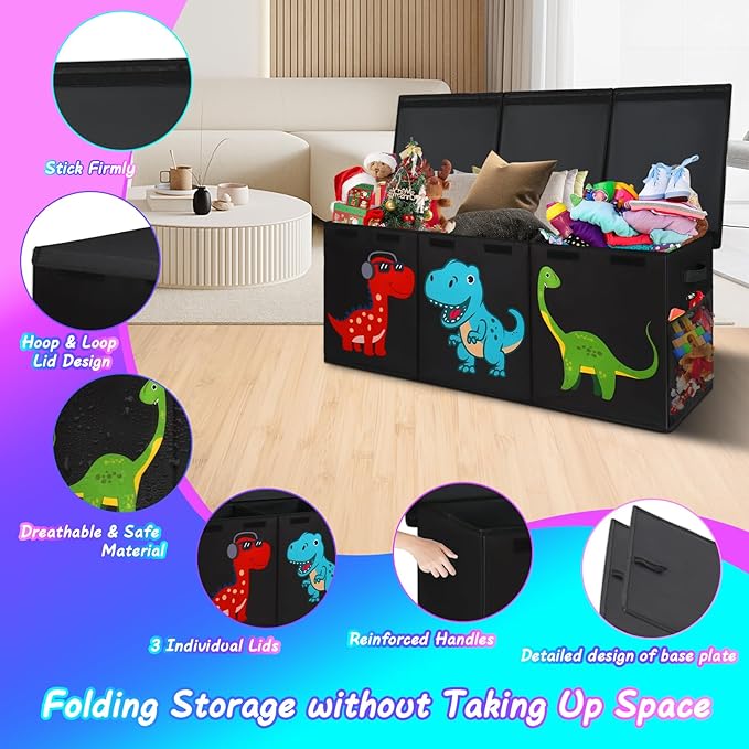 Extra Large Toy Box, Collapsible Sturdy Storage Organizer with Lids, Dinosaur Toybox for Boys Girls, 40"x16"x16" Kids Toy Chest Bin Baskets for Living Room, Playroom, Bedroom, Nursery, Black