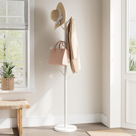 ELYKEN Coat Rack Freestanding with Natural Marble Base, Metal Coat Rack Stand with 10 Hooks, 3 Adjustable Size Coat Tree for Bags, Clothes, and Hats for Entryway, Bedroom, Hallway, Office, White-NeatNest
