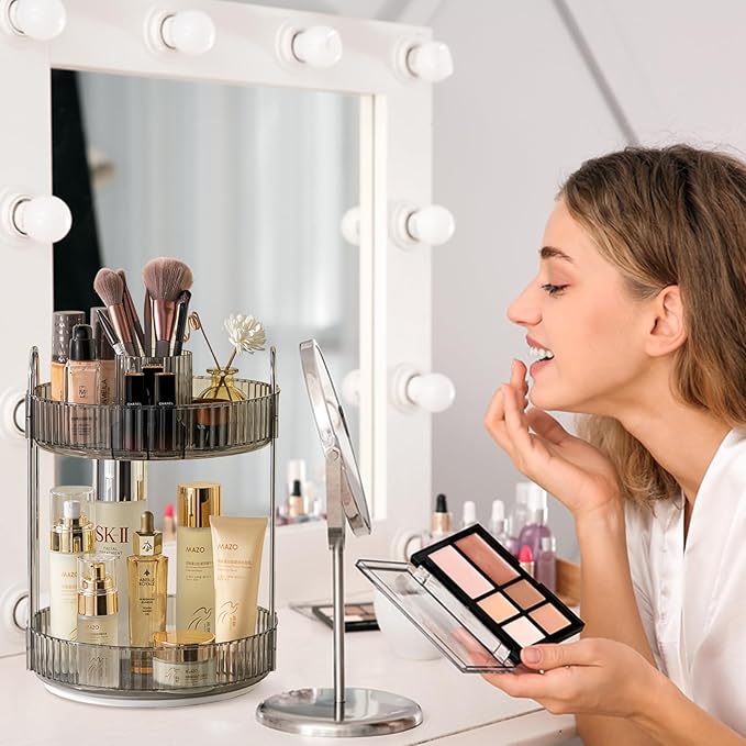 Rotating Makeup Organizer for Vanity, High-Capacity Skincare Clear Make Up Storage Perfume Organizers Cosmetic Dresser Organizer Countertop 360 Spinning (Gray, New-2 Tier)-NeatNest