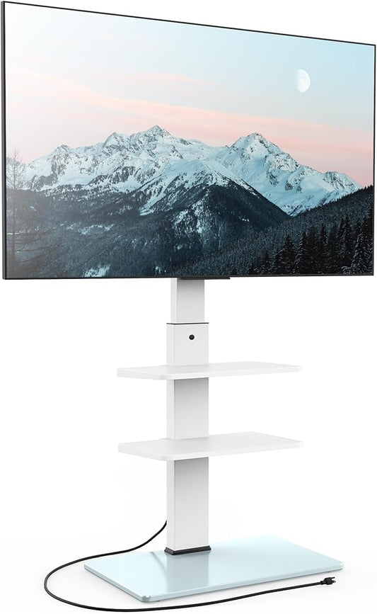 FITUEYES Floor TV Stand for 32-75 inch TV with Power Outlet, Tall TV Mount for Bedroom Living Room with Tempered Glass Base, TV Stand with Mount Holds Up to 88lbs MAX VESA 600x400mm,White-NeatNest