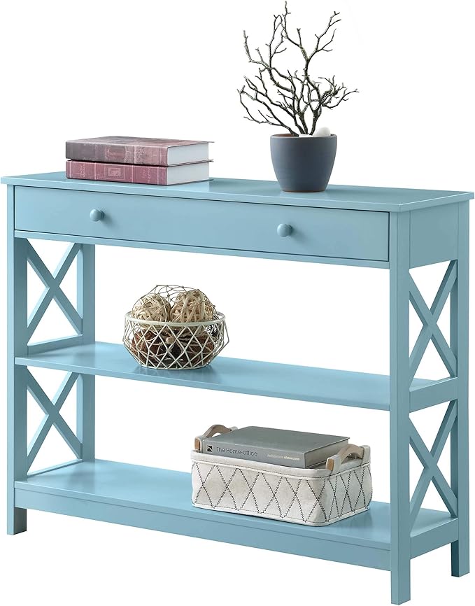 Convenience Concepts Oxford 1-Drawer Console Table 39.5" - Farmhouse Sofa Display with Storage Shelf For Living, Family, & Dining Room, Modern Entryway Hall Table for Kitchen, Bedroom, Sea Foam Blue-NeatNest