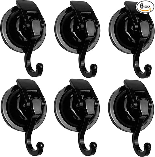 Heavy Duty Vacuum Suction Shower Hooks - Glass Suction Cup Bathroom Robe Hooks, Reusable, No Hole Punched, for Garland Decoration (Black, 6 Pack)