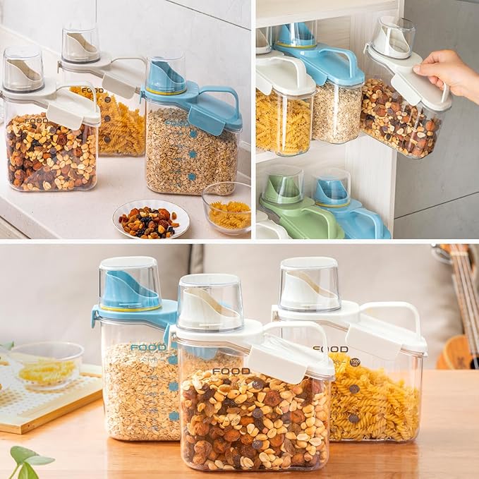 2 PCS Cereal Storage Containers, 1.5L/51oz Dry Food Rice Holder, Pet Dog Cat Food Dispenser with Measuring Cup, BPA Free Clear Plastic Kitchen Pantry Organization Bin, 1 Blue+1 White-NeatNest