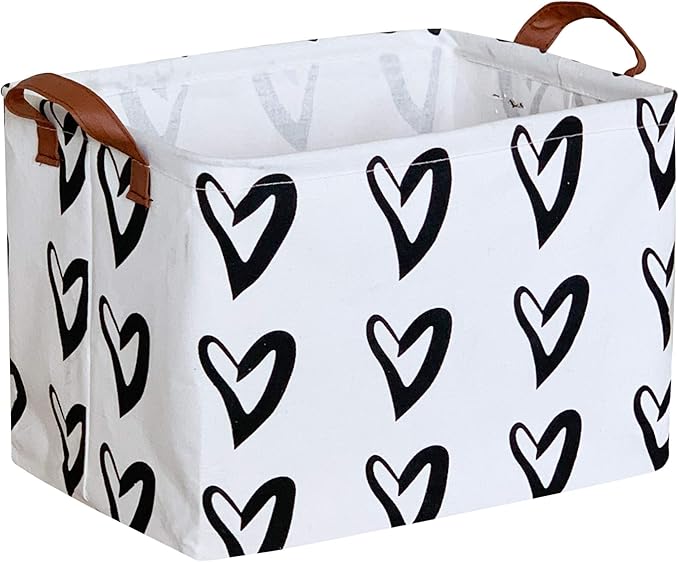CLOCOR Heart Rectangular Basket, Cute Pattern Storage Bin, Collapsible Waterproof Storage Box with Handles for Kids, Gift Baskets, Shelf Basket (Black Hearts)-NeatNest