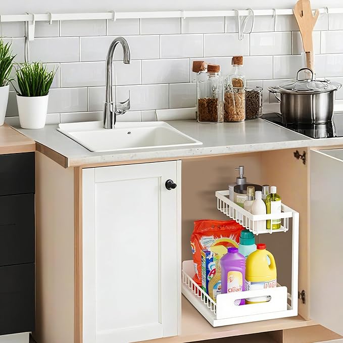 VUSIGN Under Sink Organizer, 2 Tier Pull Out Bathroom Cabinet Organizer, Under Kitchen Sink Organizers and Storage, Under Sink Shelf,2 Pack, White-NeatNest