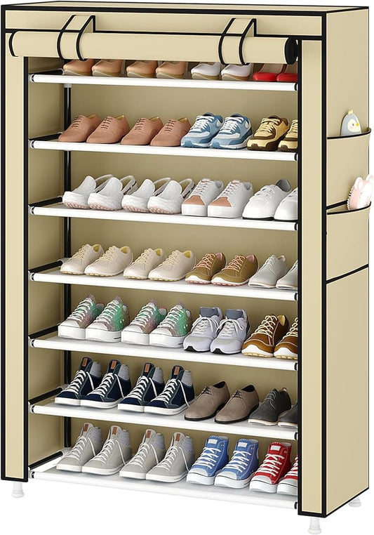 Laiensia 7-Tier Vertical Shoe Rack Organizer, Space Saving Shoe Storage Organizer, Non-Woven Cover Shoe Shelf Holds 28-35 Pairs for Bedroom, Hallway, Closet Entryway, Beige-NeatNest