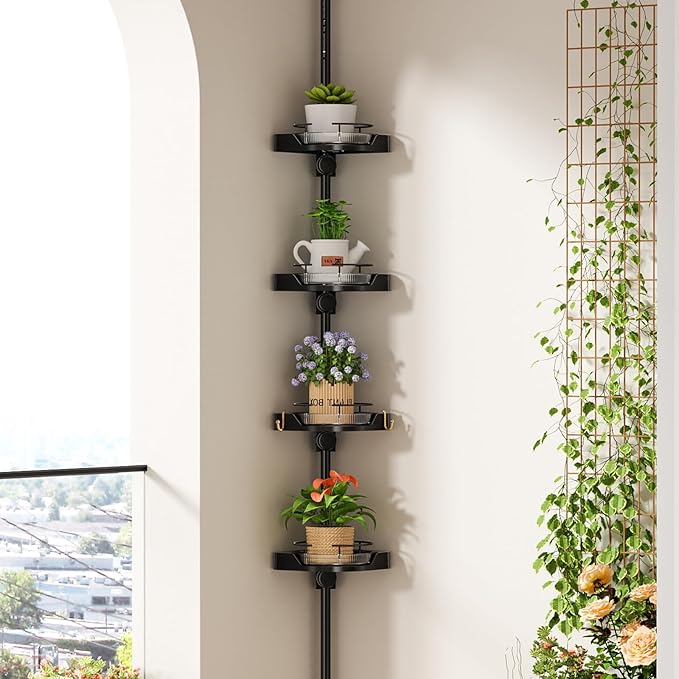 360° Rotating Corner Shower Caddy Tension Pole Organizer - 4-Tier Adjustable Rustproof Metal Pole, Plastic Shelves with Safety Guardrail, Bathroom Storage for Shower & Bathtub(Black)