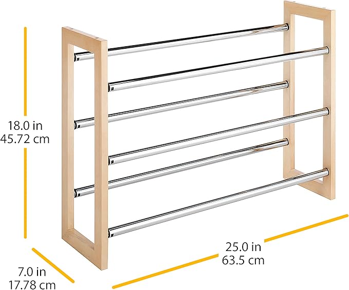 Whitmor 3 Tier Expandable Shoe Rack -Stackable - Natural Wood and Chrome-NeatNest