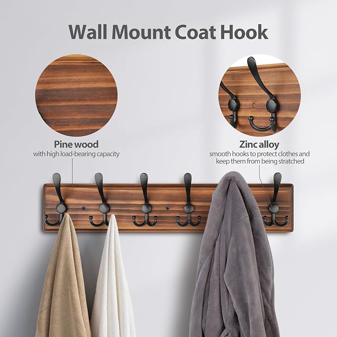 Coat Rack Wall Mount, Wooden Heavy Duty Coat Rack for Wall,6 Triple Coat Hanger Hooks for Hanging Coats,Jacket,Hat,Clothes (Brown, 6 Hooks)-NeatNest