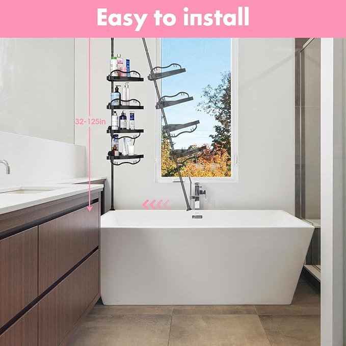 Corner Shower Caddy, Rustproof ABS Shower Shelves with 32-125 Inch Steel Poles, Drill Free Shower Organizer, 4 Layer Adjustable Shelves with Tension Pole for Storage, Black