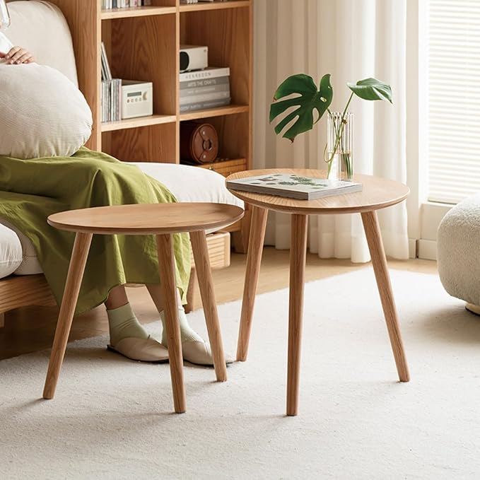 Small Oval Nesting Table, Mid Century Coffee Table for Living Room,Solid Oak Wood End Tables,Triangle Tabletop with 3 Legs,Minimalist Display Living Tables (Original Wood Color, Combine)