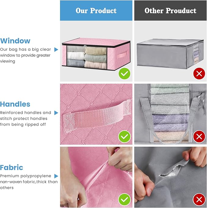 HomeHacks Storage 8-Pack Clothes Organizer Storage Bags Foldable Storage Box with Large Clear Window Sturdy Handles for Closet, Dorm, Pillows, Bedding, Clothes, Blankets, 35L, Pink-NeatNest