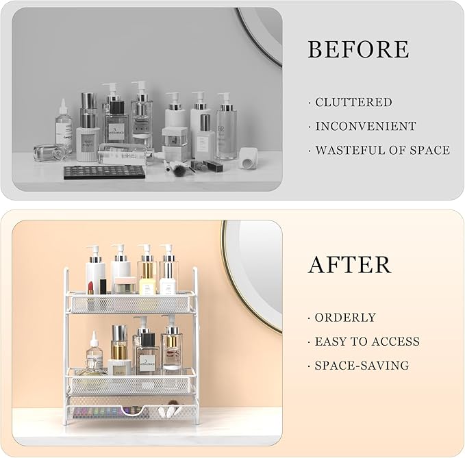 LEMIKKLE 2-Tier Bathroom Counter Organizer with Drawers, Multi-Purpose Makeup Organizer Countertop, Large Skincare Organizers, Exquisite Vanity Shelf-NeatNest