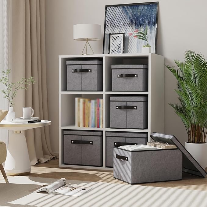 Clothing Storage Bins, Blanket Baskets for Shelves, Fabric Cubes with Handles and Lids, Decorative Linen Closet Organizers Boxes, Gray, 3 Pack, 16.5 x 11.8 x 10.2 Inch-NeatNest