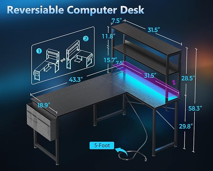 Casaottima Gaming Desk with Power Outlets & LED Lights, 43 Inch Reversible L Shaped Computer Desk with Shelves & Storage Bag, Corner Desk for Home Office, Black-NeatNest