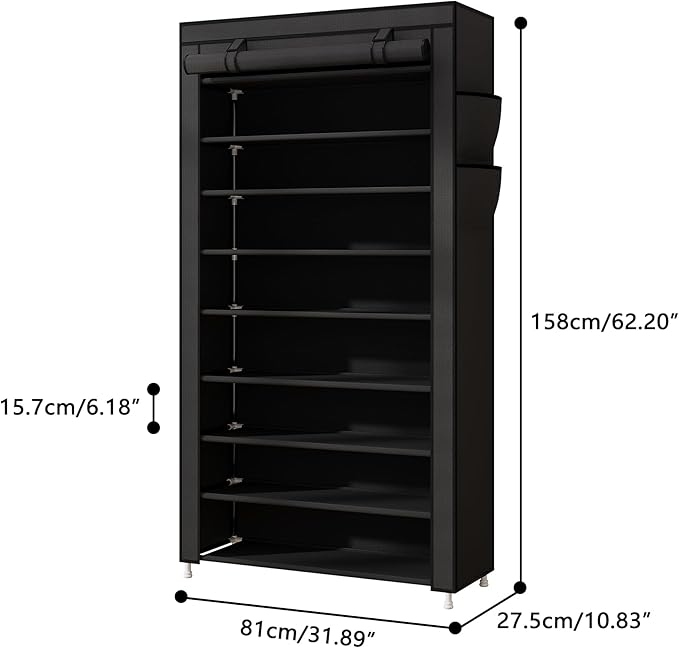 Laiensia 9-Tier Vertical Shoe Rack Organizer, Space Saving Shoe Storage Organizer, Non-Woven Cover Shoe Shelf Holds 36-45 Pairs for Bedroom, Hallway, Closet Entryway, Black-NeatNest