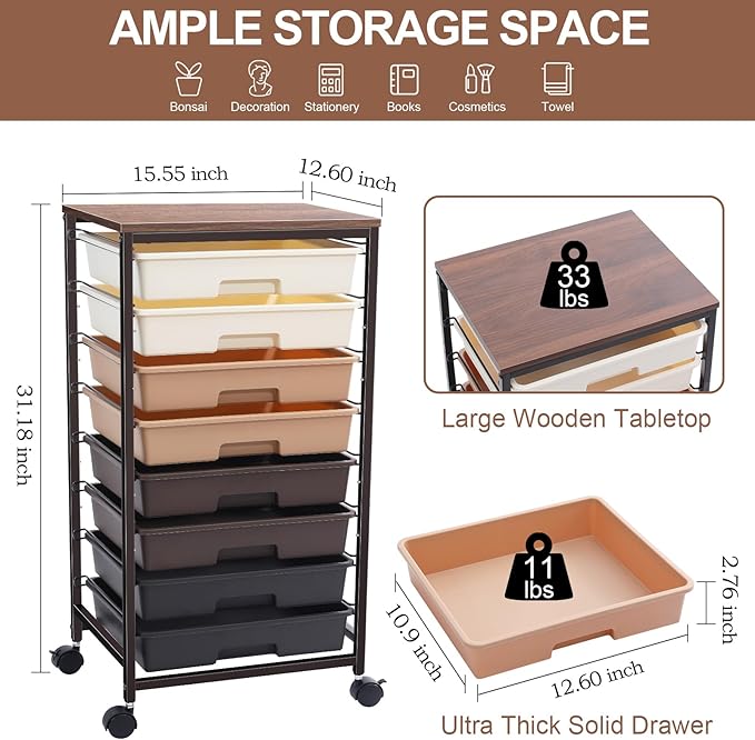 Rolling Carts with Wheels,Utility Cart with 8 Drawers and Wooden Tabletop,Rolling Drawer Cart,Plastic Drawer Storage for Living Room,Classroom,Bedroom,Bathroom,Dorm,Office,Brown