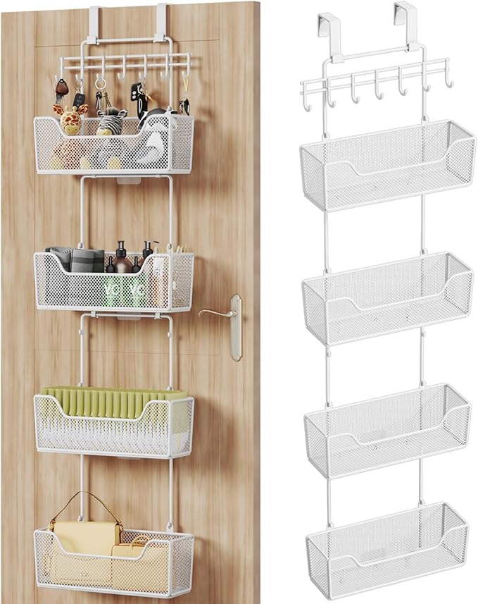 HapiRm Over Door Organizer Storage - Hanging Door Organizer with 4 Metal Large Capacity Baskets and Adjustable Coat Hook for Bathroom Bedroom Kitchen Pantry Closet Cabinet-NeatNest