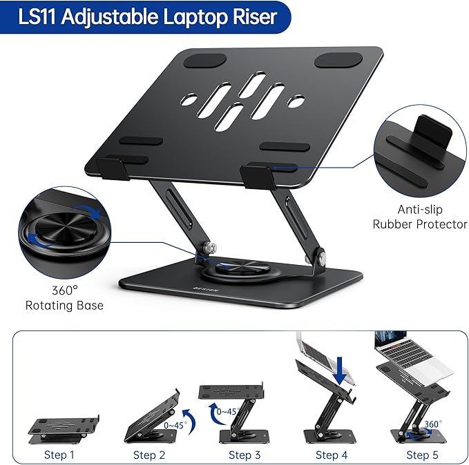 BESIGN LS11 Laptop Stand with 360° Rotating Base, Ergonomic Adjustable Notebook Holder, Riser Holder Computer Stand Compatible with Air, Pro, Dell, HP, Lenovo More 10-14" Laptops (Black)-NeatNest