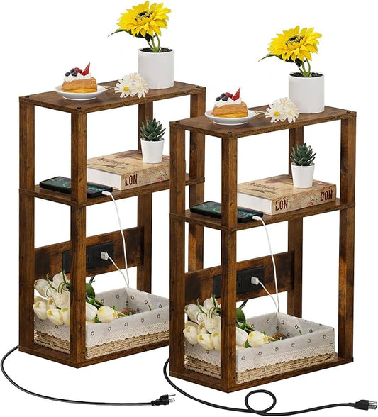 3-Tier Small Narrow Wood Side Table Set of 2 with Charging Station - Skinny Nightstand for Small Spaces, Slim Bedside Table with USB Ports and Outlets - Thin End Table with Storage, Brown