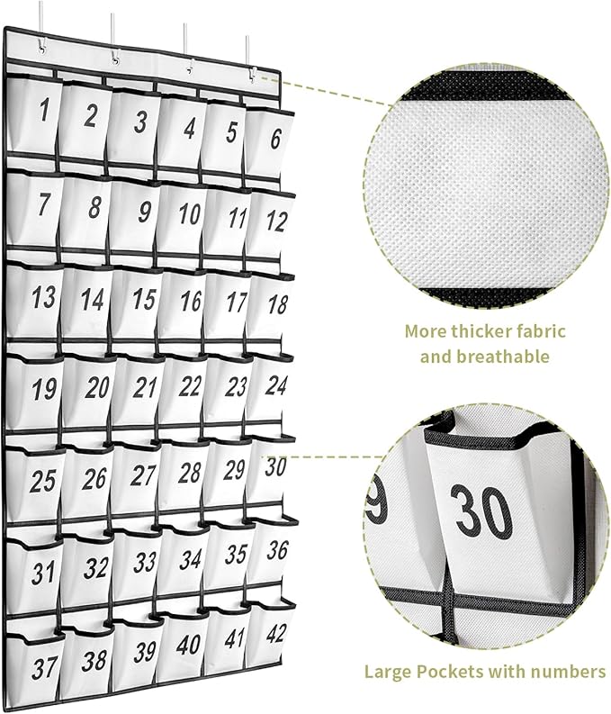 42 Pockets Numbered Classroom Pocket Chart for Cell Phones, Hanging Pocket Chart Storage for Classroom Phone Calculator Holder with 4 Hooks and 42 Clear Numbers Printing (White-42pockets)-NeatNest