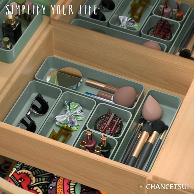 CHANCETSUI 6 PCS Stackable Drawer Organizers Set, Versatile Desk and Vanity Drawer Organizer Trays, Storage Bins for Makeup, Bathroom, Bedroom, Kitchen and Office, Green-NeatNest
