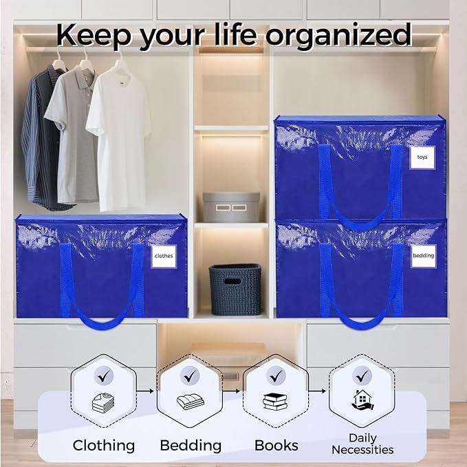 16 Pack Extra Large Heavy Duty Moving Bags, Blue Storage Bins with Lids, Reinforced Handles & Heavy-Duty Zippers Moving Boxes Storage Bags Totes for Clothes Packing, Dorms, College Supplies, Blue
