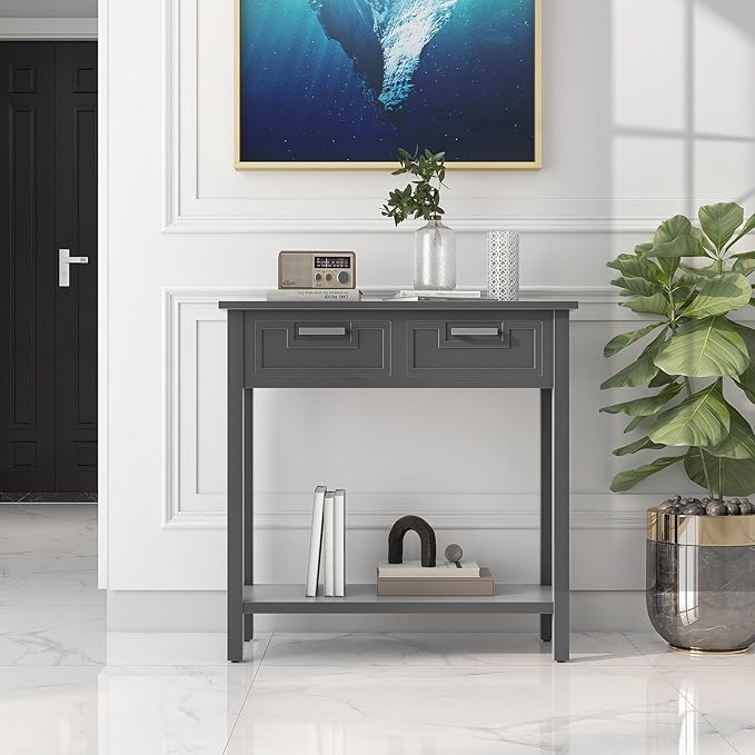 GOFLAME Small Console Table with 2 Drawers, 31” Entry Table with Storage Shelf, Modern, Narrow Sofa Table for Living Room, Hallway, Entrance (Gray)-NeatNest